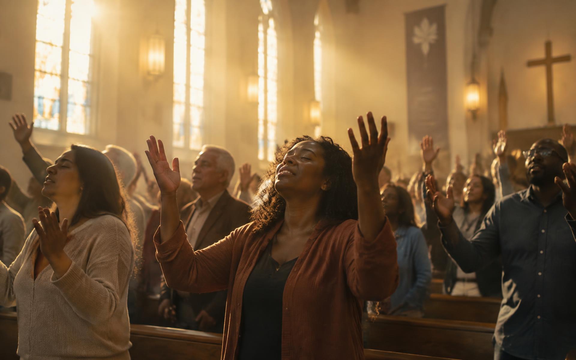 Congregation worshipping together in warm sunlight